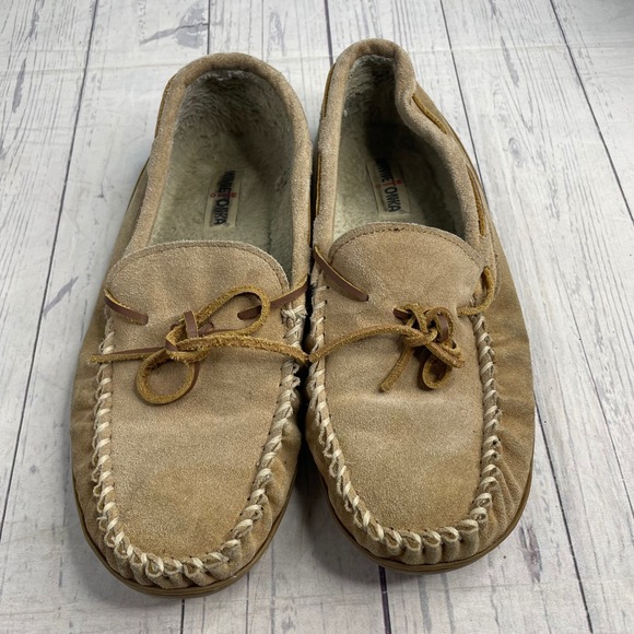 Minnetonka Mens Suede Shearling Moccasin Slippers Shoes Sz 12 indoor outdoor - Picture 2 of 6